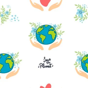 Hands with earth holding the globe, flat vector sticker, poster, etc. Save th Illustrazione stock