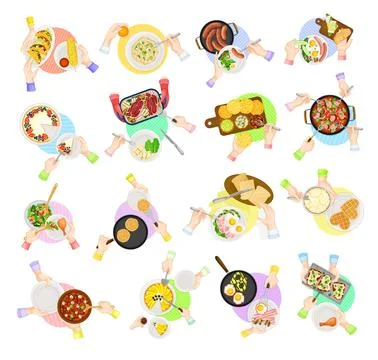 Hands Eating Dinner at Kitchen Table Above View Big Vector Set イラスト素材