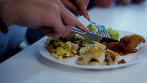 Hands Eating Plated Pasta and Vegetables, Restaurant Table, Close Up Shot Stock-Footage 341442463