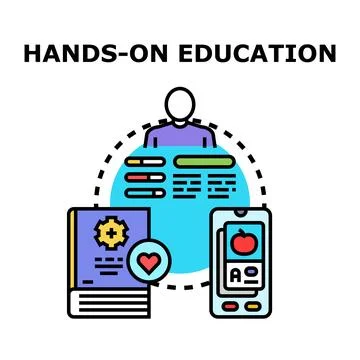 Hands on education concept with learner, book, and mobile app Illustration