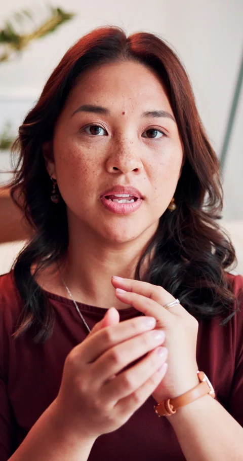 Hands, EFT tapping and face of Asian woman with therapy for virtual support in Stock Footage 290867319