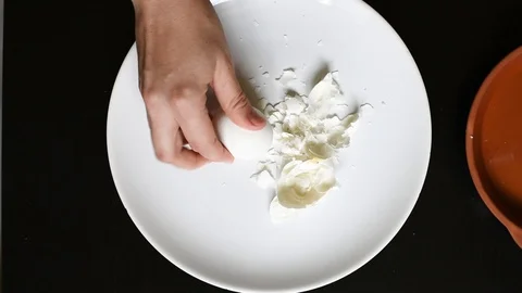 Hands off the egg-shell of chicken eggs at home Stock Footage 96188298