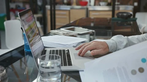 Hands of elderly nice Caucasian man wearing shirt. Office worker using silver Stock Footage 95766204