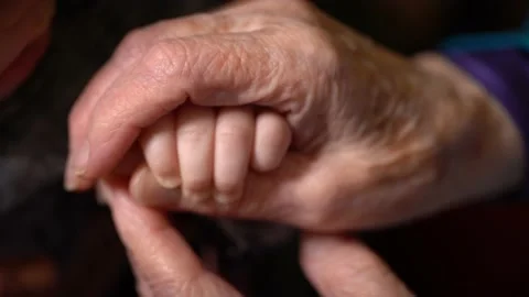 Hands of an elderly person touch the hands of the newborn Stock Footage 220631489