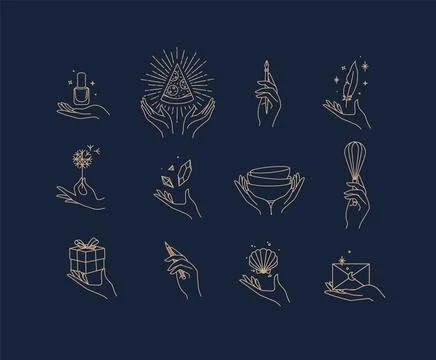 Hands with elements icon set blue 스톡 일러스트
