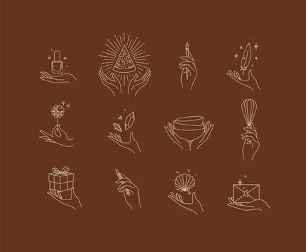Hands with elements icon set brown 스톡 일러스트