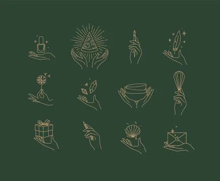 Hands with elements icon set green 스톡 일러스트