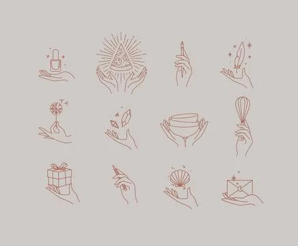 Hands with elements icon set 스톡 일러스트