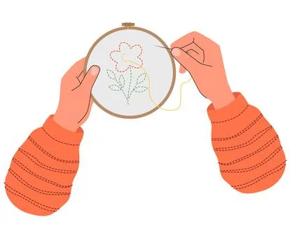 Hands embroidering a simple flower with a needle and yellow thread. Cozy DIY Stock Illustration