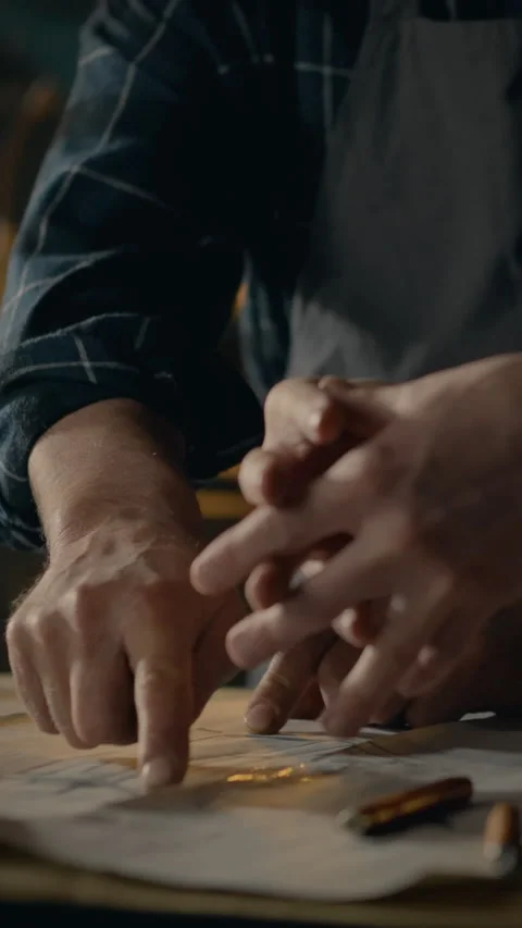 Hands engaged in a detailed crafting process at a wooden table Stock Footage 331597237