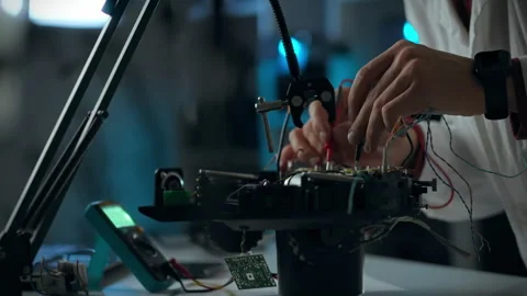 Hands engaged in electronics work focused on circuit assembly in a modern la Stock Footage 301404153