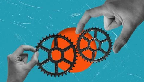 Hands engaging with interlocking gears against a bright blue background ill.. Stock Photos