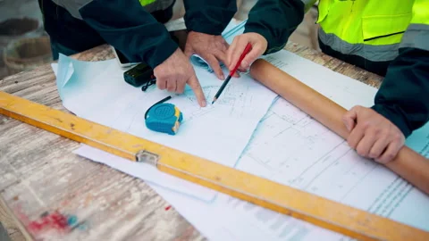 Hands, engineer and blueprint at construction site, discussion or project Stock Footage 336192852