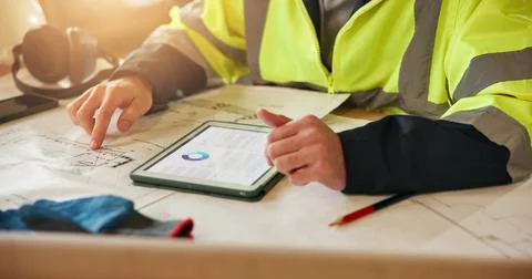 Hands, engineer and blueprint with tablet for construction, layout and Stock Photos