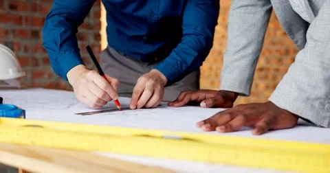 Hands, engineer and team drawing with document, blueprint and design for ar.. Foto stock