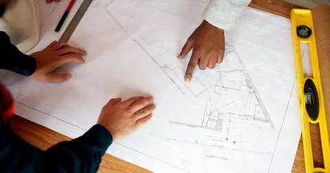 Hands, engineer and team reading with document, blueprint and design for ar.. Foto stock
