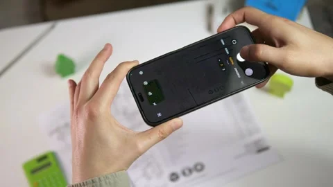 Hands of an engineer or customer holding a phone and photographing drawings and Stock Footage 312797080