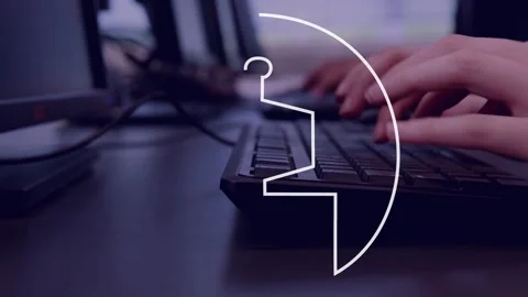 Hands entering frame and typing on keys while arc drawing into robot logo, Stock Footage 334810878