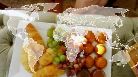 Hands entering frame, group shifting tray, placing fruit and toasting for food Stock Footage 321890081