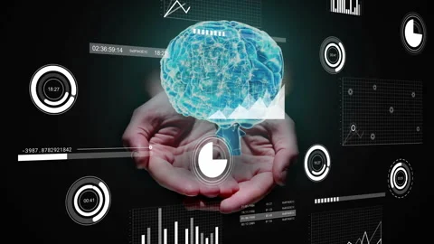Hands entering holding blue 3D brain hologram while data widgets spinning Stock Footage 315385865