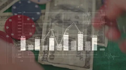 Hands entering right moving chips, stacking dollar bills on felt, charts Stock Footage 328684982
