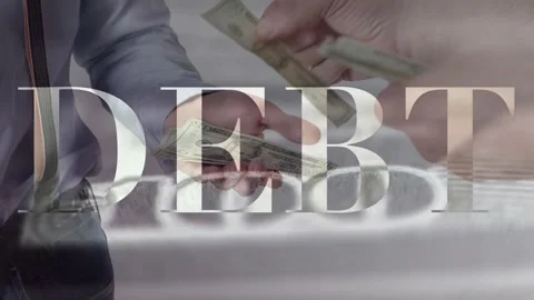 Hands exchanging cash under a 'DEBT' text overlay. Stock Footage 336479221