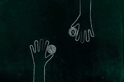 Hands exchanging a coin and crypto currency Stock Photos