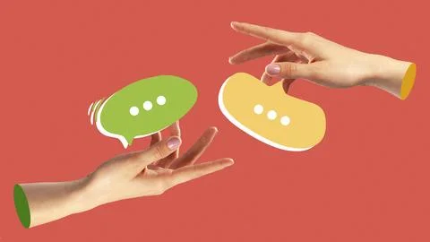 Hands exchanging message bubbles in a digital conversation Stock Photos