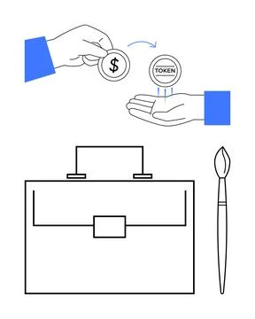 Hands exchanging money and a token, suitcase symbolizing work, brush indicati Illustrazione stock