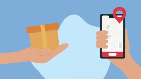Hands exchanging package delivery from app on smartphone with map navigation. Video stock 338312404