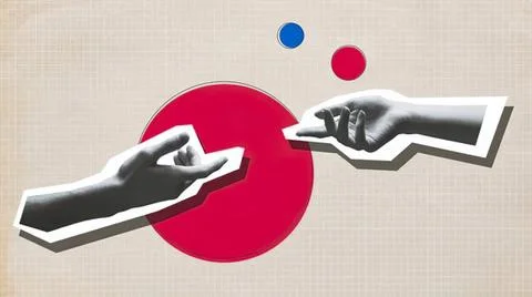 Hands exchanging small red and blue balls over red circle Stock Photos