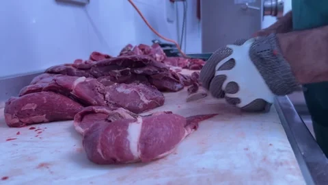 Hands of an Expert Butcher Skillfully Slicing Meat on a White Marble Table Stock Footage 304489759