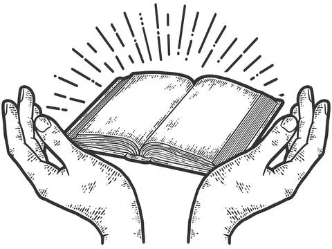 Hands extol the book. Sketch scratch board imitation coloring. Stock Illustration