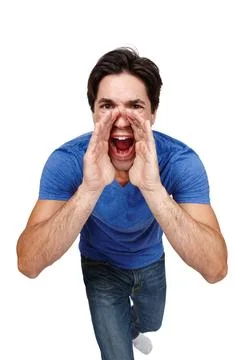 Hands, face and man shouting in studio with announcement, news or loud warning Stock Photos