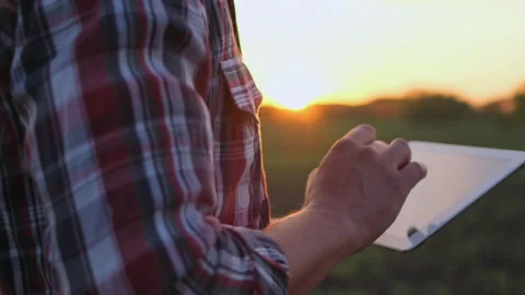 Hands of farmer man using laptop computer, checking quality of organic Stock Footage 139956639