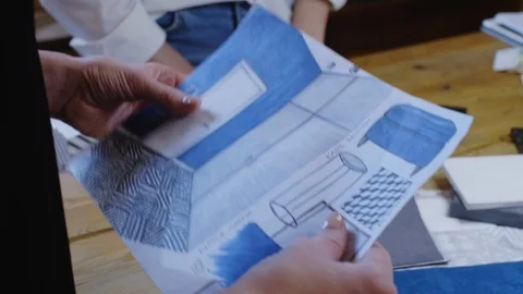 Hands of Female Designers Working with Interior Sketch Stock Footage 115463570