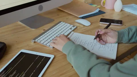 Hands of Female Programmer Working on Algorithm for Software Code Stock Footage 293121282