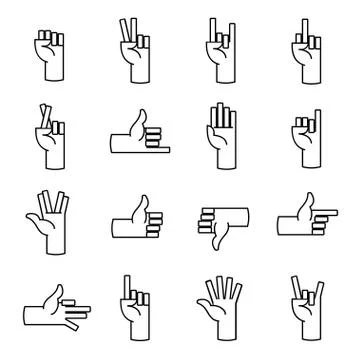 Hands, fingers line icons. Thumb up, like, dislike, and other hands elements Illustrazione stock