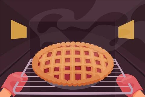 Hands in fireproof gloves pulling sweet pie with steam out oven, chef making Stock Illustration