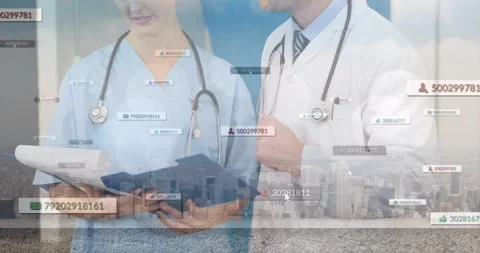 Hands flipping papers starting clinicians reviewing blue folder and tablet, data Stock Footage 331214665
