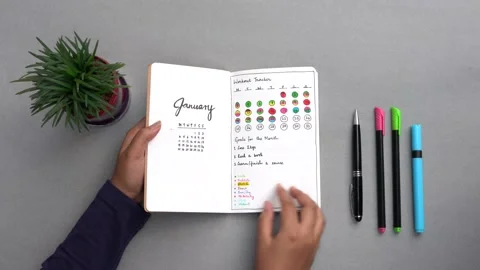 Hands flipping through the pages of a journal or planner 動画素材 147405513