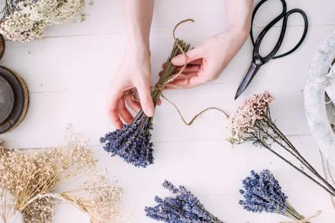 Hands of a florist at work. Dry compositions of flowers plants for the interi Stock Photos
