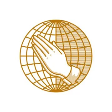 Hands folded in prayer against the background of the globe. Stock Illustration