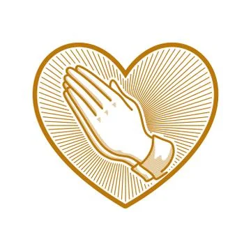 Hands folded in prayer against the background of the heart. Stock Illustration
