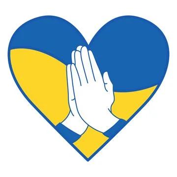 Hands Folded in Prayer on a Blue and Yellow Heart Background. Support for U.. Stock Illustration