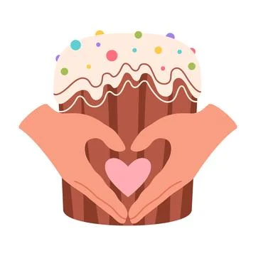 Hands folded in shape of heart against background of an Easter cake. Easter food Stock Illustration