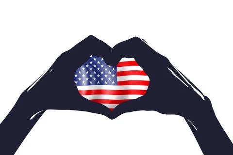 Hands folded in the shape of a heart with the flag of america on a white back Stock Illustration