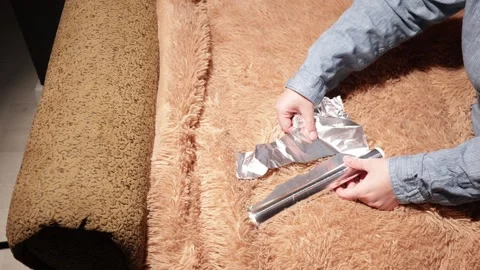 Hands folding aluminum foil into a shape on a textured fuzzy surface Stock Footage 339177605
