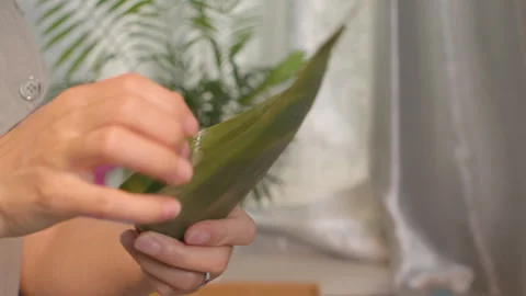 Hands Folding Green Banana Leaf into Cone Shape Indoors Vídeos de archivo 335501174