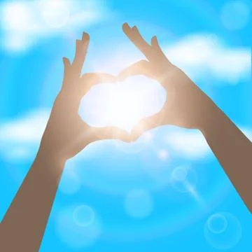Hands in the form of heart on the background of blue sunny sky. Stock Illustration